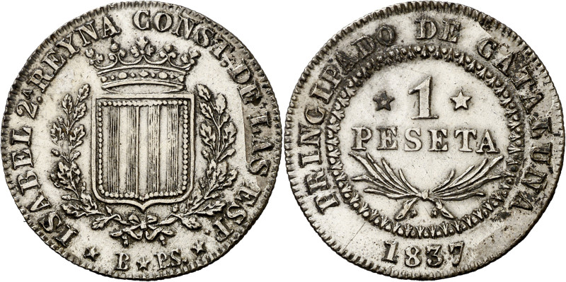 1837. Isabel II. Barcelona. PS. 1 peseta. (AC. 272). Bella. Rara así. 5,88 g. EB...