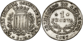 1837. Isabel II. Barcelona. PS. 1 peseta. (AC. 272). Bella. Rara así. 5,88 g. EBC.