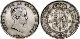 1834. Isabel II. Madrid. DG (Departamento de Grabado). 20 reales. (AC. 577). Levísimas rayitas. Muy bella. Rarísima. 27,09 g. S/C-.