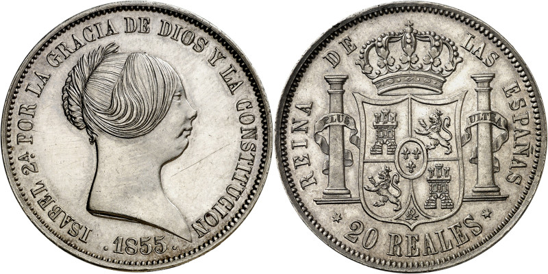 1855. Isabel II. Madrid. 20 reales. (AC. 597). Leves rayitas. ¿Prueba de present...