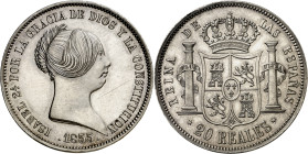1855. Isabel II. Madrid. 20 reales. (AC. 597). Leves rayitas. ¿Prueba de presentación? Bella. Acuñación Proof. Muy rara así. 25,97 g. S/C.