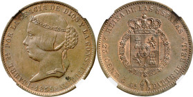 1859. Isabel II. (Madrid). 25 céntimos - 1/4 parte de real. (AC. 185). Prueba no adoptada de Fernández Pescador. En cápsula de la NGC como MS62 BN, nº...