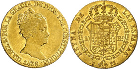1838. Isabel II. Barcelona. PS. 80 reales. (AC. 701). ...CONSTITUCION. Bella. Brillo original. Rara así. 6,74 g. EBC/EBC+.