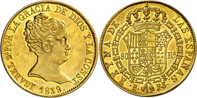 1839. Isabel II. Barcelona. PS. 80 reales. (AB. 704). Muy bella. Brillo original...