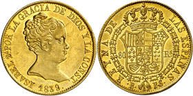 1839. Isabel II. Barcelona. PS. 80 reales. (AB. 704). Muy bella. Brillo original. Rara así. 6,74 g. S/C-.