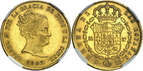 1847. Isabel II. Sevilla. RD. 80 reales. (AC. 753). Bella. Brillo original. En cápsula de la NGC como AU58, nº 6771152-002. Según el censo de NGC, una...