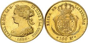 1856. Isabel II. Barcelona. 100 reales. (AC. 766). Bella. Brillo original. Muy rara así. 8,28 g. S/C. Ex Áureo & Calicó 11/12/2019, nº 1639.