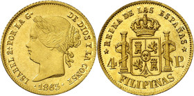 1865. Isabel II. Manila. 4 pesos. (AC. 859). Bella. Brillo original. Rara así. 6,78 g. S/C-. Ex Colección O'Callaghan 10/11/2016, nº 581. Ex Áureo & C...