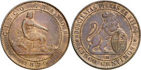 1870. Gobierno Provisional. Barcelona. OM. 5 céntimos. (AC. 5). Bella. Brillo original. 4,80 g. S/C-.
