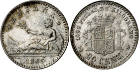 1869*69. Gobierno Provisional. SNM. 20 céntimos. (AC. 11). Muy bella. Brillo original. La moneda de plata más rara del Centenario de la Peseta, sólo 9...