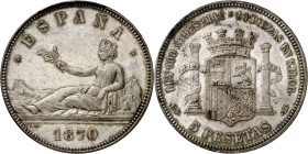 1870*1870. Gobierno Provisional. SNM. 5 pesetas. (AC. 39). Mínimas rayitas. Bella. Brillo original. Rara así. 25,10 g. S/C-.