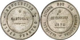1873. Revolución Cantonal. Cartagena. 5 pesetas. (AC. 14). No coincidente. 100 perlas en la gráfila interior del anverso y 95 en la del reverso. Rara ...