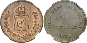 1875. Carlos VII, Pretendiente. Oñate. 5 pesetas. (AC. 20). Acuñada en cobre. En cápsula de la NGC como MS62 BN, nº 2822546-010. Muy bella. Brillo ori...