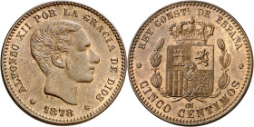1878. Alfonso XII. Barcelona. OM. 5 céntimos. (AC. 5). Muy bella. Brillo original. 5,11 g. S/C-.