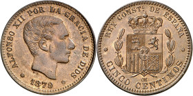 1879. Alfonso XII. Barcelona. OM. 5 céntimos. (AC. 6). Muy bella. Brillo original. 5,02 g. S/C-.