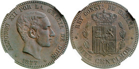 1877. Alfonso XII. Barcelona. 10 céntimos. (AC. 7). Sin OM. Prueba adoptada. Encapsulada. Bella. Rarísima. S/C. Ex Colección Elariz.