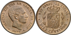 1878. Alfonso XII. Barcelona. OM. 10 céntimos. (AC. 9). Bella. Brillo original. Rara así. 9,57 g. S/C-.