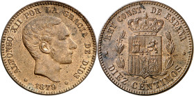 1879. Alfonso XII. Barcelona. OM. 10 céntimos. (AC. 10). Bella. Brillo original. Rara así. 10,08 g. EBC+.