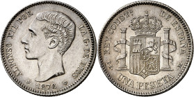 1876*1876. Alfonso XII. DEM. 1 peseta. (AC. 15). Leves rayitas. Bella. Rara así. 5,04 g. EBC+.