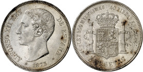 1875*1875. Alfonso XII. DEM. 5 pesetas. (AC. 35). Muy bella. Brillo original. Rara así. 25,07 g. S/C.