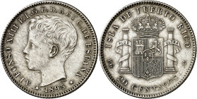 1895. Alfonso XIII. Puerto Rico. PGV. 20 centavos. (AC. 126). Bella. Escasa así. 5,03 g. EBC.