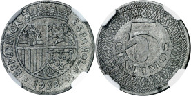 1938. II República. 5 céntimos. (AC. 5). Prueba no adoptada. En cápsula de la NGC como MS63, nº 2797904-002. Muy rara. EBC+. Ex Colección Elariz 17/12...