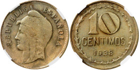 1938. II República. 10 céntimos. (AC. 8.1, mismo ejemplar). Prueba no adoptada en cobre. Encapsulada. Rarísima. ¿Única conocida?. EBC. Ex Colección El...