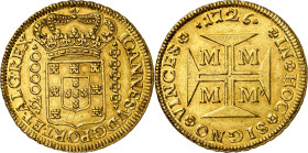 * Brasil. 1726. Juan V. M (Minas Gerais). 20000 reis. (Fr. 33) (KM. 117) (Gomes 106.03). Leves marquitas. Bella. Muy rara. AU. 53,27 g. EBC+. Moneda e...