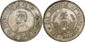 China. s/d (1912). 1 dólar. (KM. 319). Sun Yat-Sen. Parte de brillo original. Bella. Rara así. AG. 26,88 g. EBC+.