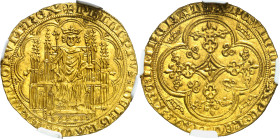 * Francia. Felipe VI (1328-1350). 1 chaise d'or. (Fr. 269) (Duplessy 258c). Anv.: PhILIPPVSDEIGRACIAFRANCORVMREX. Rev.: XPCVINCITXPCREGNATXPCIMPERAT. ...