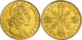 * Francia. 1640. Luis XIII. A (París). 2 luises de oro. (Fr. 409) (KM. 109). Nombre del rey LVDO. Tipo "à la grosse tête". Muy bella. Rara y más así. ...