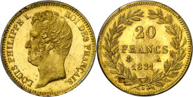 * Francia. 1831. Luis Felipe I. A (París). 20 francos. (Fr. 553) (KM. 746.1). En cápsula de la PCGS como MS64, nº 157575.64/40849488. Leyenda del cant...