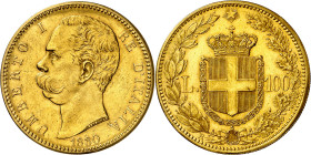 Italia. 1880. Humberto I. R (Roma). 100 liras. (Fr. 17) (KM. 22). Acuñación de 145 ejemplares. Bella. Rarísima. AU. 32,13 g. EBC+.