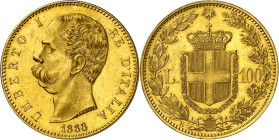 * Italia. 1888. Humberto I. R (Roma). 100 liras. (Fr.18) (KM. 22). Acuñación de 1169 ejemplares. Leves marquitas. Bella. Rara. AU. 32,30 g. EBC. Moned...