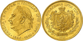 * Montenegro. 1910. Nicolás I. 20 perpera. (Fr. 5) (KM. 11). 50 Años de Reinado. Bella. Brillo original. Rara. AU. 6,78 g. EBC/EBC+. Moneda exenta del...
