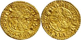 Portugal. Sancho I (1185-1211). Coimbra. Morabetino (180 dinheiros). (Fr. 1) (Gomes 04.01). Anv.: Rey a caballo. SNCIVS REX PORTVGLIS. Rev.: Cruz form...