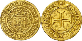 * Portugal. Juan III (1521-1557). Lisboa. 10 cruzados (1 portugués). (Fr. 24) (Gomes 191.01). Anv.: IOANES3RPORTVGALIEALCVLINADGCN / ETIA-A PSIE. Rev....