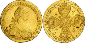 Rusia. 1776. Catalina II. C (San Petersburgo). 10 rublos. (Fr. 129a) (KM. 79a). Muy bella. Brillo original. Muy rara y más así. AU. 13,05 g. S/C-.