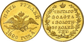 Rusia. 1829. Nicolás I. (San Petersburgo). . 5 rublos. (Fr. 154) (KM. 174). Muy bella. Brillo original. Rara y más así. AU. 6,60 g. S/C-.
