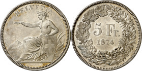 Suiza. 1874. B (Berna). 5 francos. (KM. 11). Bella. Rara así. AG. 25,08 g. S/C-.