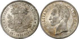 Venezuela. 1888. 5 bolívares. (KM. 24.1). Bella. Brillo original. Rara así. AG. 24,99 g. EBC+.