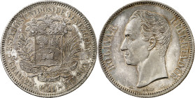 Venezuela. 1911. 5 bolívares. (KM. 24.2). Leves marquitas. Bella. Pátina. Brillo original. Rara así. AG. 25,03 g. S/C-.