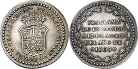 1808. Fernando VII. México. Proclamación. (Grove F-13) (Ha. 32) (Medina 318) (Ruiz Trapero 347) (V. 227) (V.Q. 13291). Anv.: FERNANDOVIIREYDEESPAÑAYDE...
