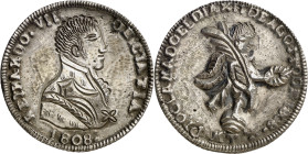 1808. Fernando VII. Montevideo. Proclamación. (Ha. 37) (Medina 323). Anv.: ErADOVII - DEI GrATIA / 1808. Busto del rey con casaca de solapas, camisa c...