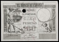 (1905). 100 pesetas. (Falta en todos los catálogos de referencia). (1 de julio), Fogonero. Dibujo de José Villegas. Grabador: Bartolomé Maura. Prueba ...