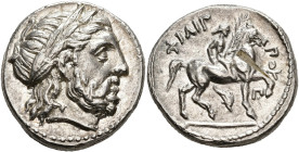 ROYAUME DE MACÉDOINE, Philippe II (359-336), AR tétradrachme, 323-316 av. J.-C., Amphipolis. D/ T. l. de Zeus à d. R/ ΦΙΛΙΠ-ΠOY Cavalier au pas à d., ...