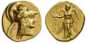 ROYAUME DE MACÉDOINE, Alexandre III le Grand (336-323), AV statère, 333-305 av. J.-C., Sidon. D/ T. casquée d'Athéna à d., le casque orné d'un griffon...