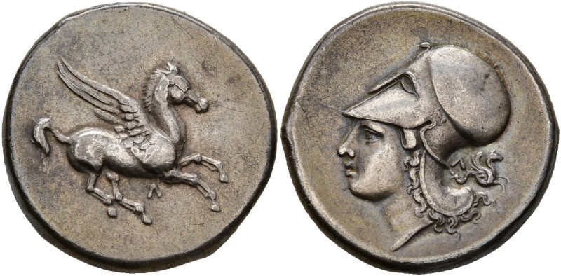 ACARNANIE, LEUCAS, AR statère, 330-250 av. J.-C. D/ Pégase en vol à d. Dessous, ...