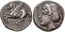 CORINTHE, AR drachme, vers 300 av. J.-C. D/ Pégase en vol à g. Dessous, . R/ T. d'Aphrodite à g., les cheveux repris dans un sakkos. Derrière, . BMC...