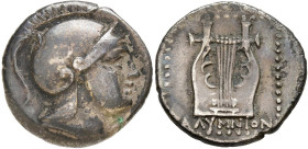 ÎLES DE CARIE, KALYMNA, AR didrachme, 3e s. av. J.-C. D/ T. casquée de guerrier imberbe à d. R/ Lyre. Dessous, KAΛYMNION. Le tout dans un carré perlé....